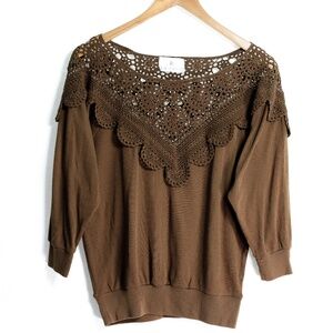 Vintage Stuart Randolph Brown Knit Crochet Doile Scallop Boat Neck Top Small